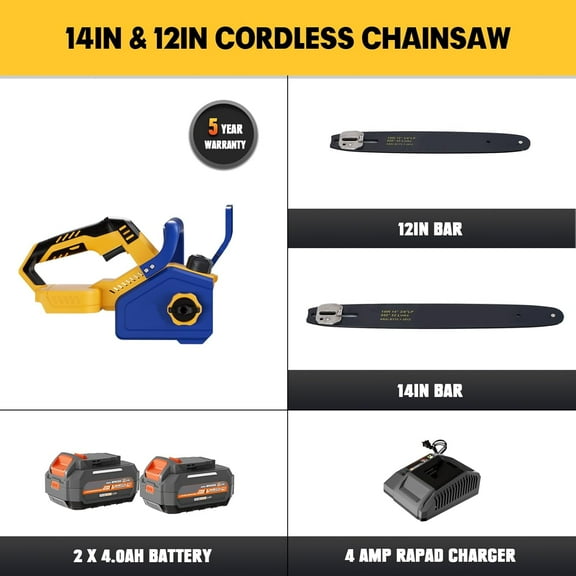 Cordless 14" & 12" Chainsaw Compatible with Dewalt 20V MAX Battery, 40V Electric Handheld Power Chain Saw w/ 1700W Brushless Motor, (2)4.0Ah Battery, Auto Oiler for Tree Wood Garden Cutting Trimming