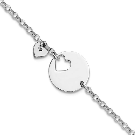 12.1mm 925 Sterling Silver Love Heart and Cut Out Disc Bracelet 7.5 Inch Link Bracelet for Women