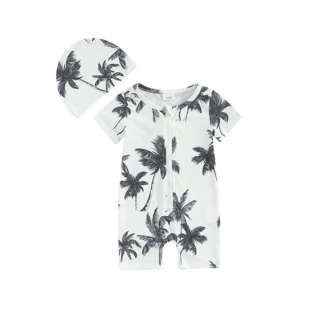 EYIIYE Toddler Baby Boy 2 Piece Swimwear Set 6M 9M 12M 18M 2Y 3Y Infant Round Neck Jumpsuit Short Sleeve Rompers Zip Up Tree Rash Guard Swimsuit + Swim Cap Summer Beach Wear