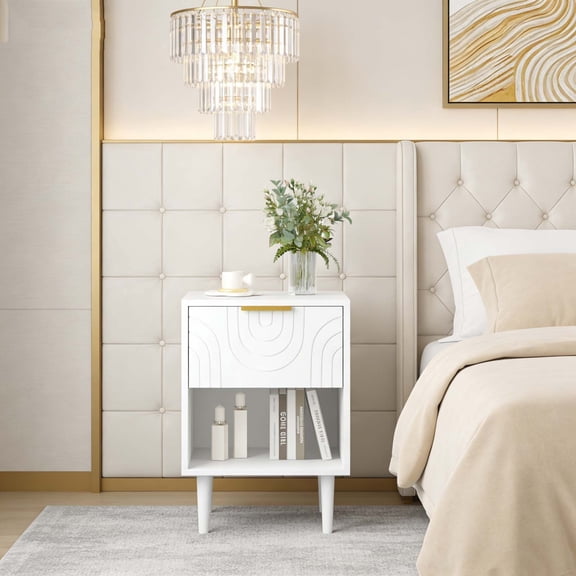 White Kids Nightstand Gold Handle Drawer, Solid Wood Leg Bedside Table for Boys Girls, Space-Saving End Table for Small Bedroom & Dorm Spaces