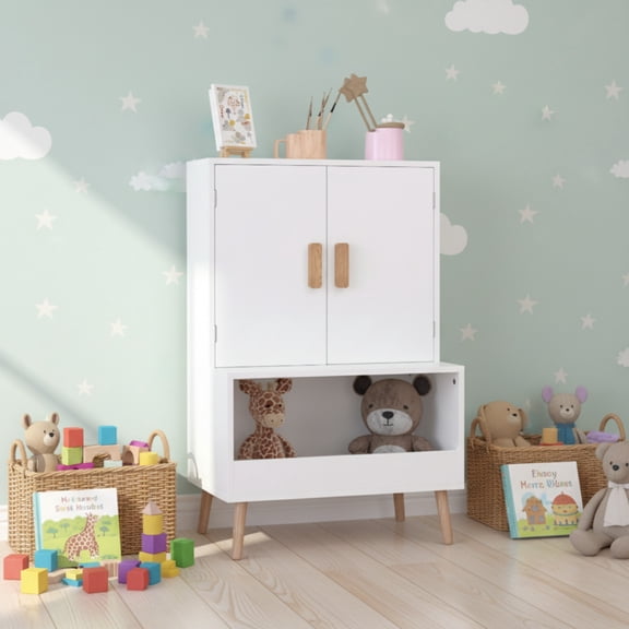 Homy Casa Kids Bookcase with Storage Cabinet, Modern Wooden Bookshelf for Bedroom, Toy Organizer, White