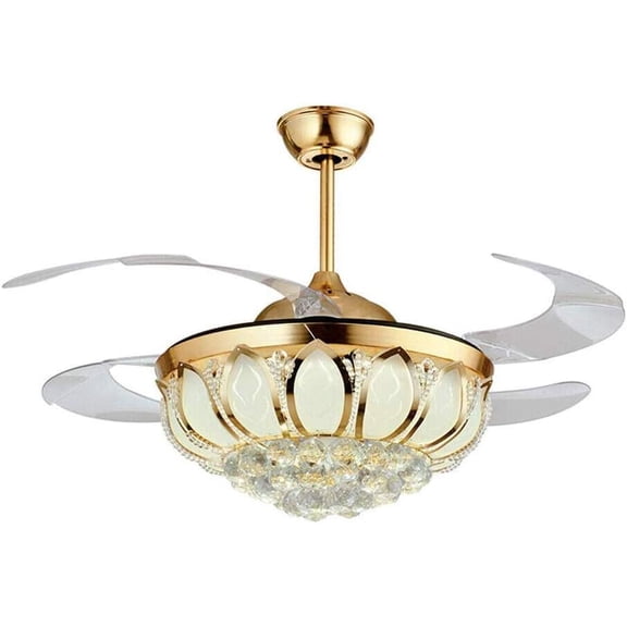 42 In Ceiling Fan with Light, Crystal Invisible Chandelier with Controller Retractable Blades Dimmable Pendant Lighting Fixture for Dining Room (Gold)