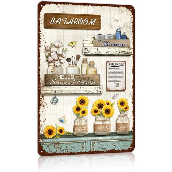 Vintage Farmhouse Bathroom Metal Tin Signs Rustic Flower Bathroom Decor Wall Art Country Bathroom Wall Decor 16X24 Inches