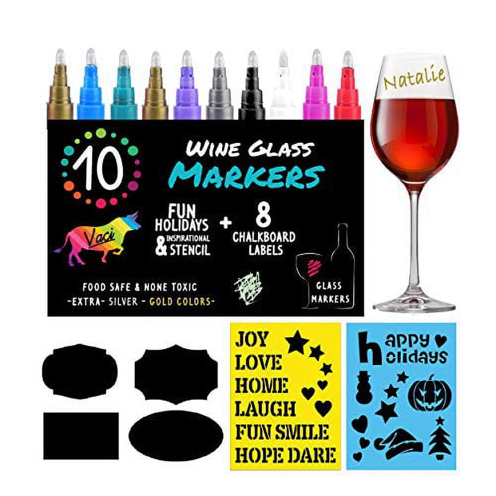Glass Artist Wine Glass Markers - Pack of 8 with Drawing Stencil, Metallic Drink  Markers , Wine Glass Charms, Erasable and Safe - Wine Accessories 
