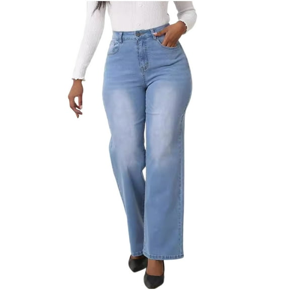 Wyobmus Straight Leg Jeans for Women Stretch High Waisted Wide Leg Jeans Distressed Y2K Boyfriend Baggy Denim Pants Light Blue