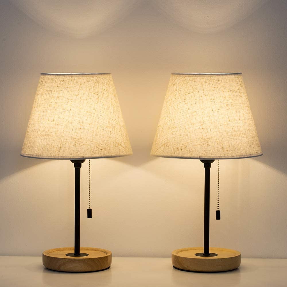 Vintage Bedside Nightstand Lamps Set of 2 with Wooden Base, Small