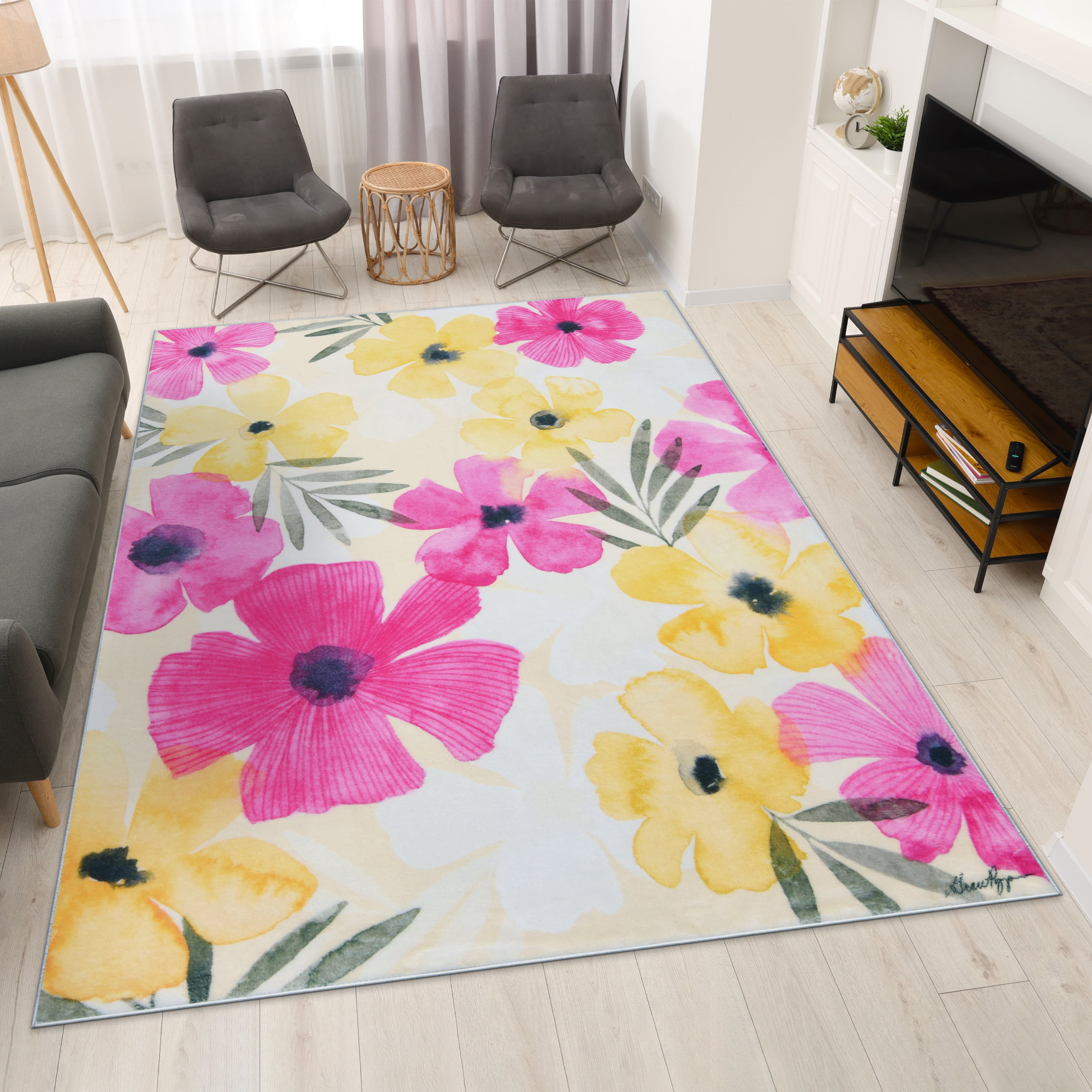 Tropical Posies, 8'x10' Hand Washable Flowers Art Area Rug