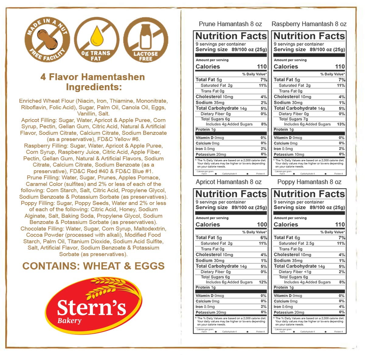 Hamentashen Cookies | Purim Cookies | Shortbread Cookies Gift Basket | 12 Individually Wrapped Hamentaschen 3 Flavors Raspberry, Apricot & Prune | Mishloach Manot Kosher | Nut Free | Stern’s Bakery