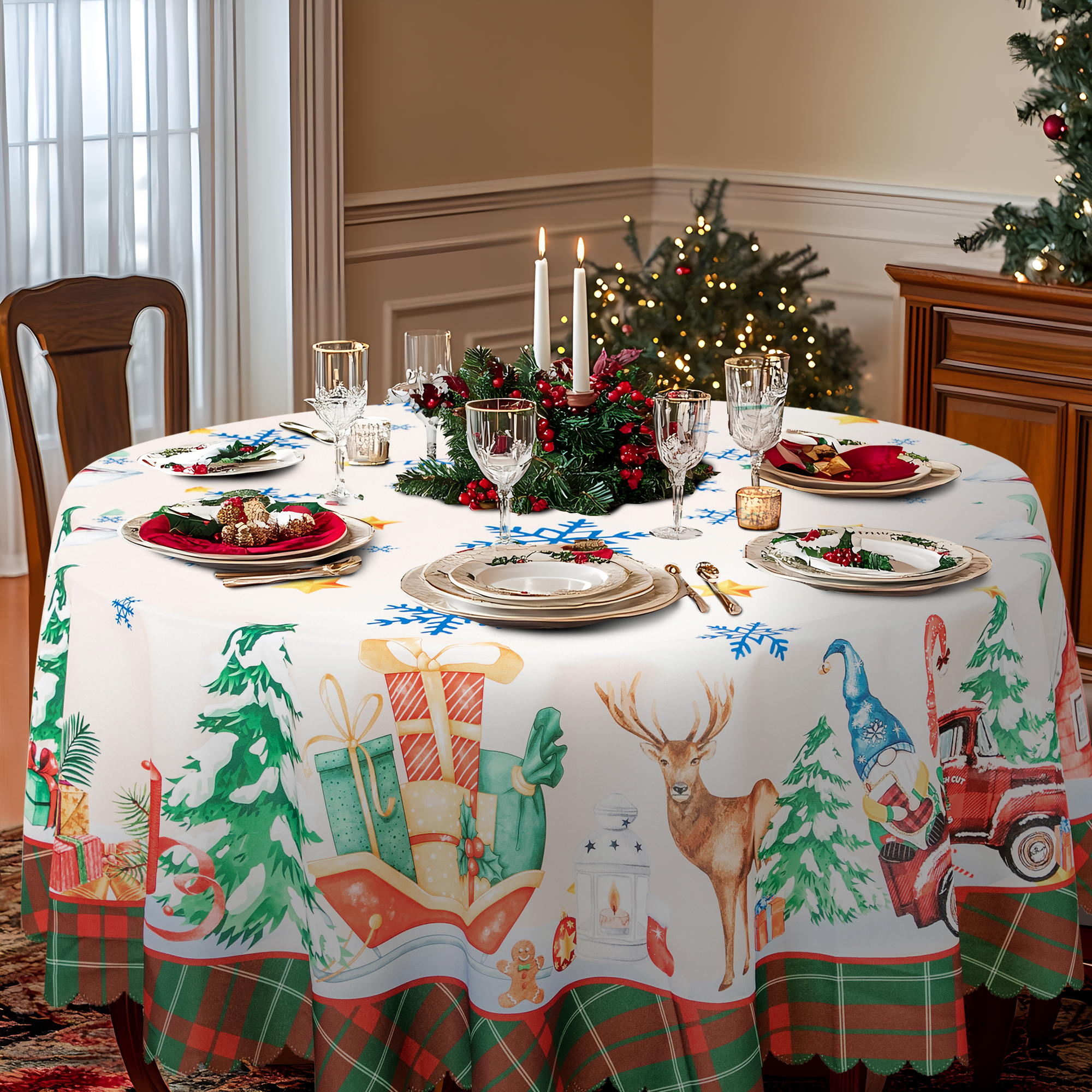 RAY STAR Polyester Christmas Tablecloth 60 inch Round Machine Washable Table Cloths, Thick Can not See Through Heavy Duty Tablecloth