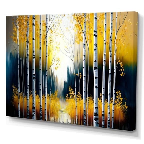 Designart Monochrome Golden Birch Trees By The River III Canvas Wall Art