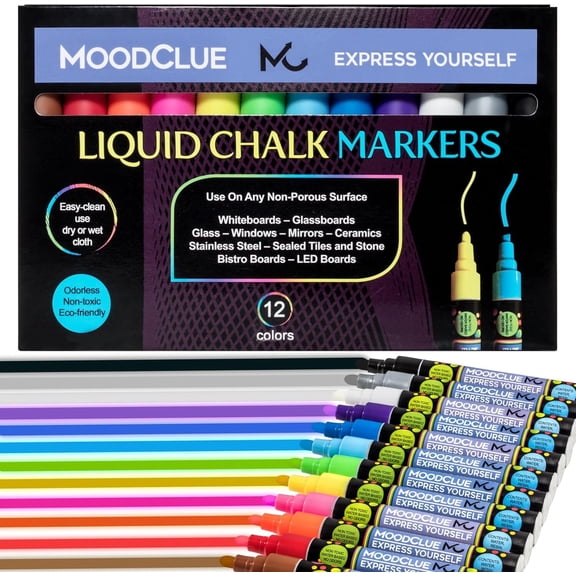 MoodClue Liquid Chalk Markers, 12 Neon Colors, Reversible Tips, Easy-Clean Wet or Dry Erase, Non-Toxic