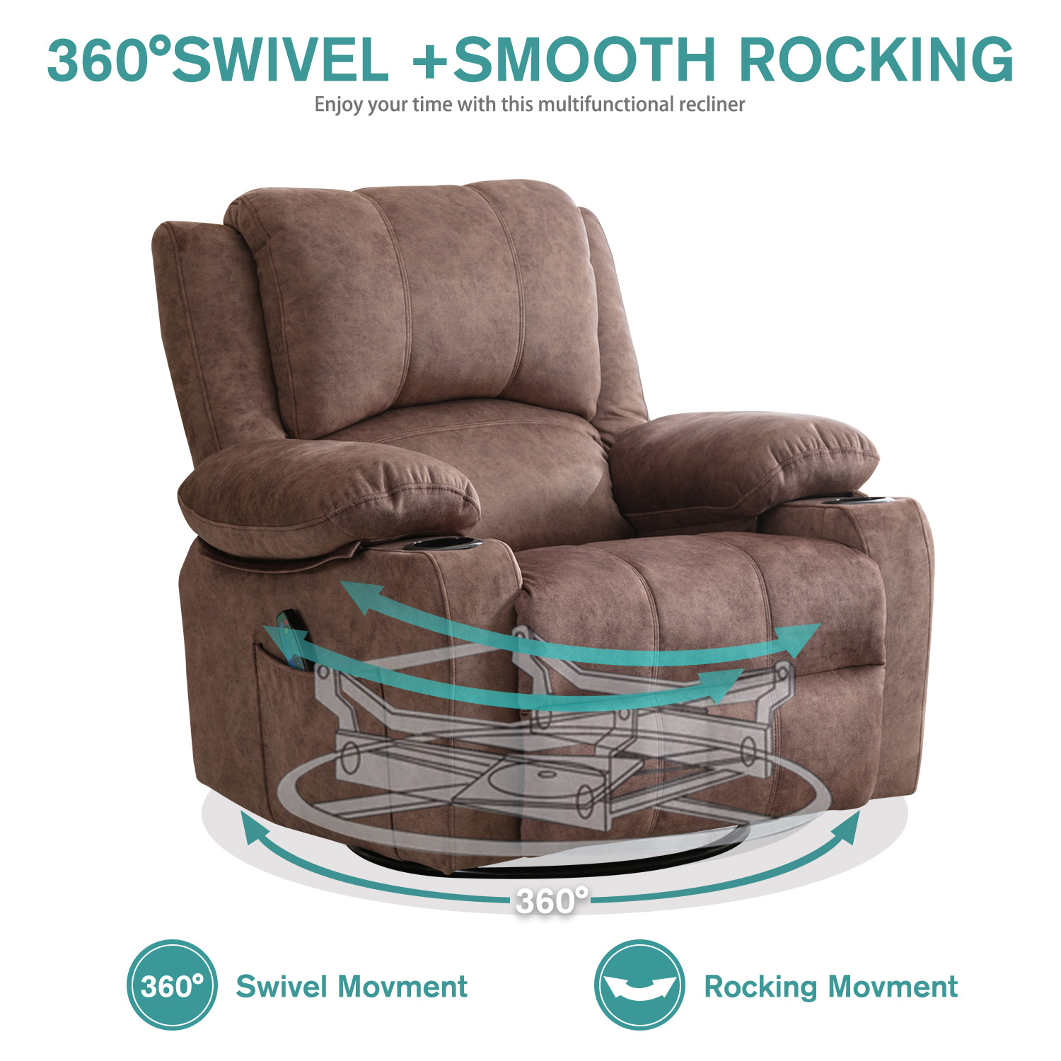 JONPONY Kneading Massage Rocker Recliner Chair with 4-Point 3D Kneading Massage and Heat Ergonomic Lounge Chair for Living Room with Rocking Function and 2 Cup Holders, USB Charge Port,Brown