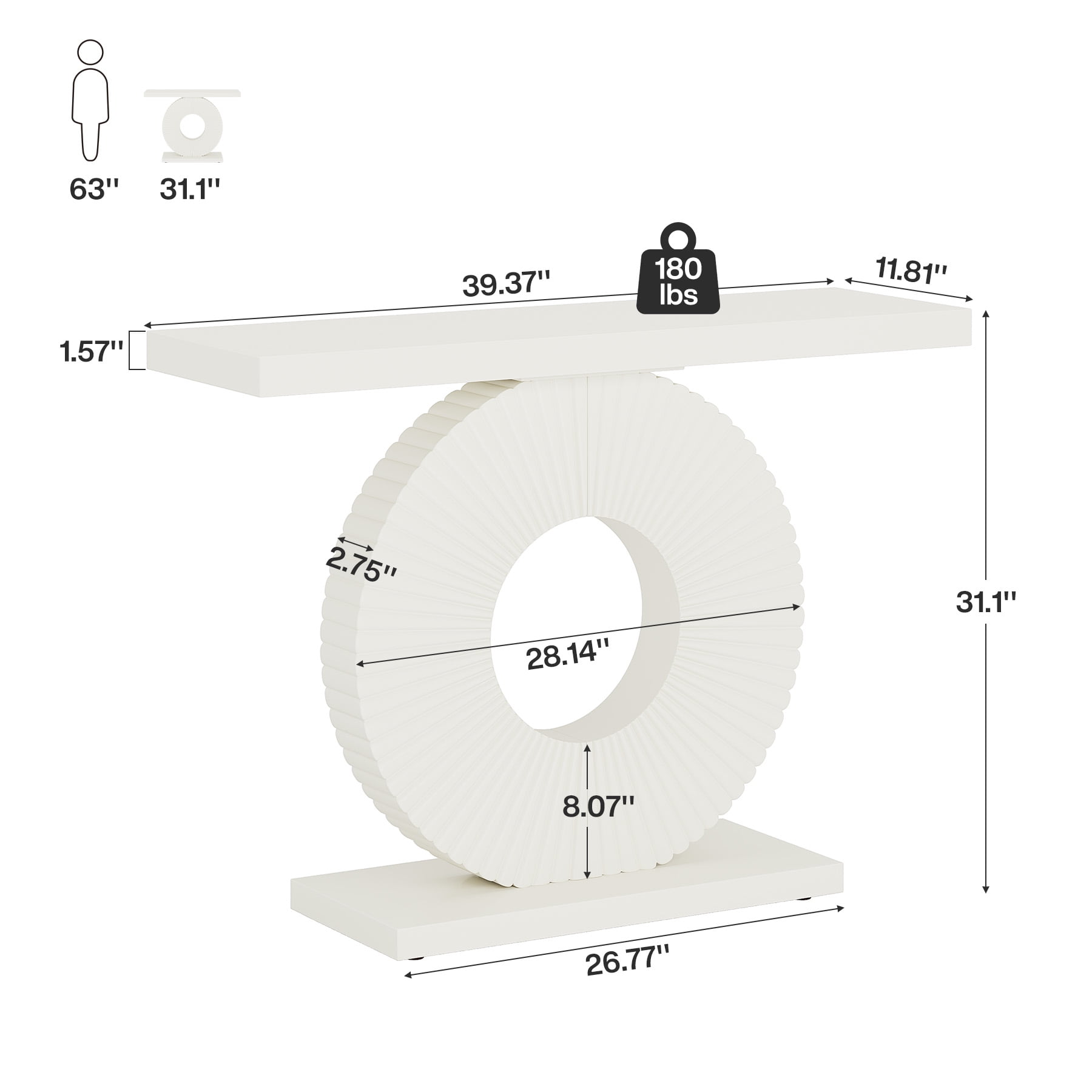 Fnova Console Table, 40" Wood Modern Art Narrow Long Side Table, Entryway Table with Round Base, Sofa Table, Accent Table for Living Room, Entryway, Hallway, White
