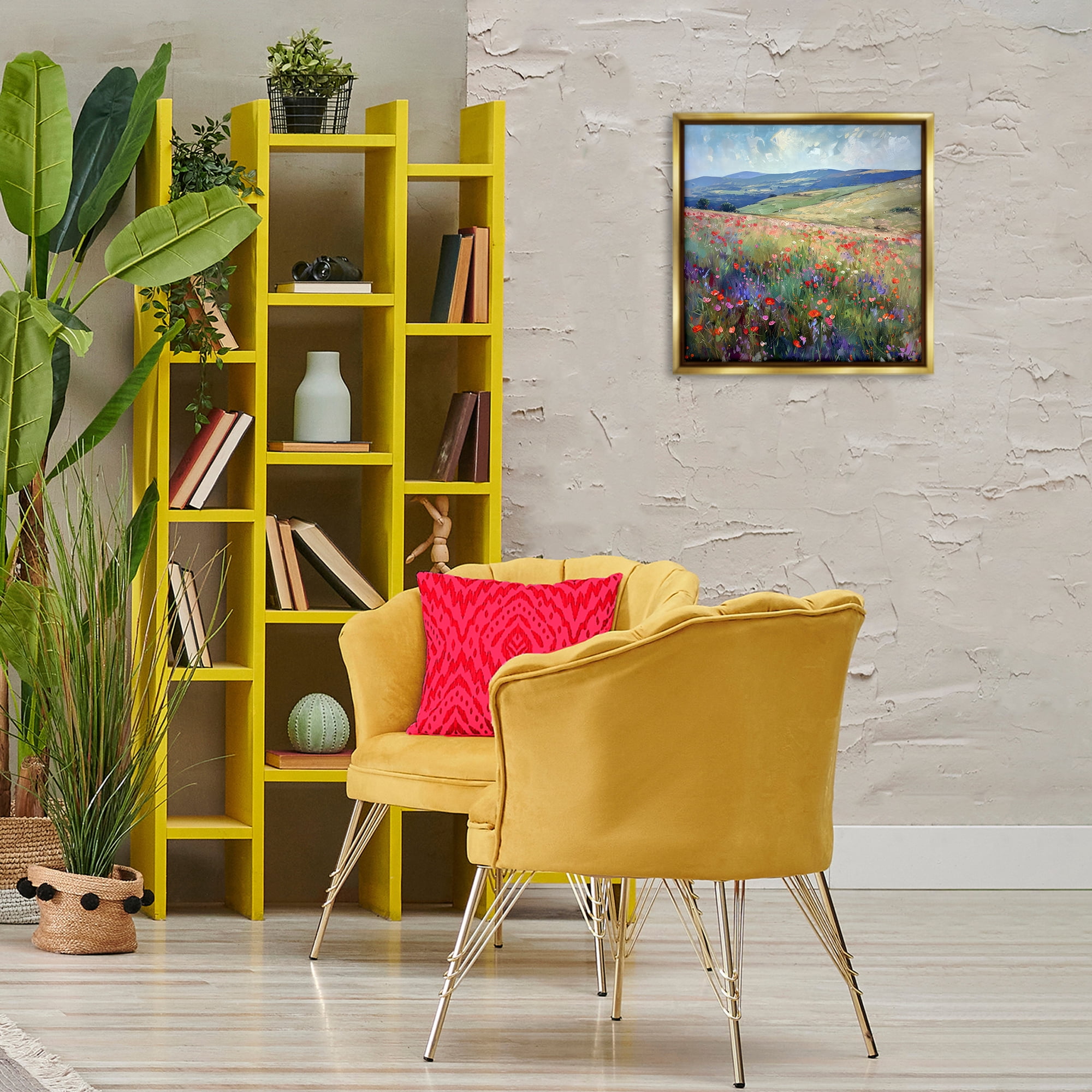 Stupell Industries Rolling Meadow Flowers Landscape & Nature Painting Gold Floater Framed Canvas Art Print Wall Art, 18 x 18