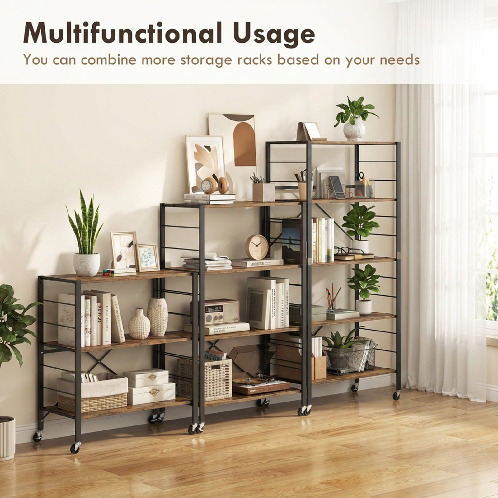 RUIE 4-Tier Foldable Storage Shelf with Wheels, Rolling Utility Shelving Rack for Kitchen Living Room Tool Room, 180 lb Capacity, Black