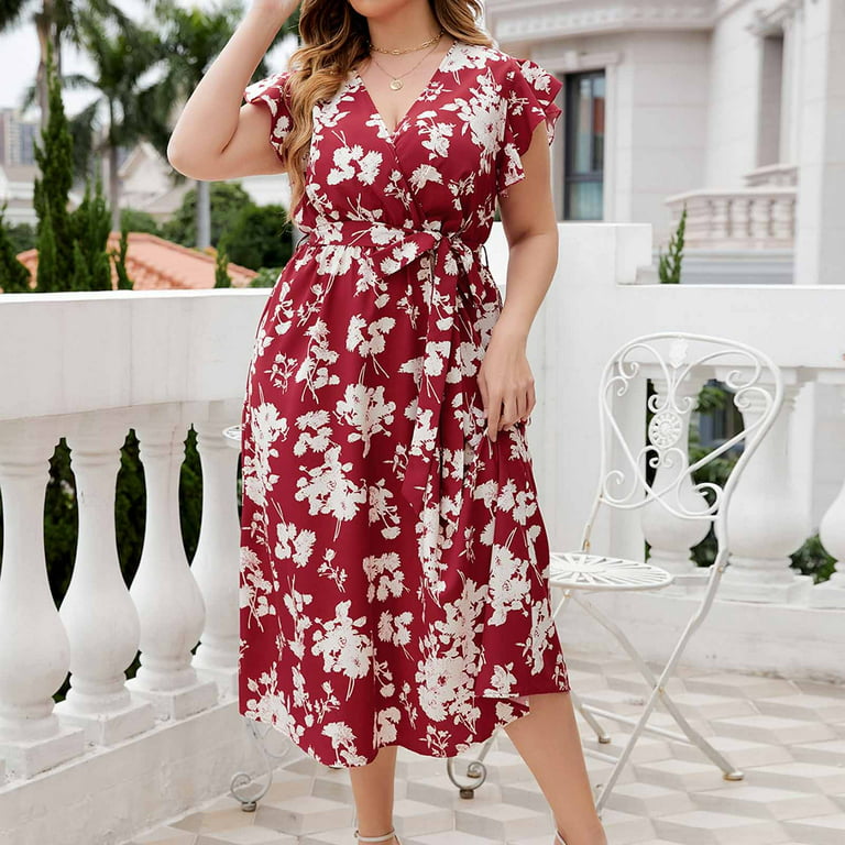 Plus Size Fashion Women Butterfly Printed V-Neck Short Sleeve Casual Long  Dress Summer Dresses Maxi Lost Ink Dresses 
