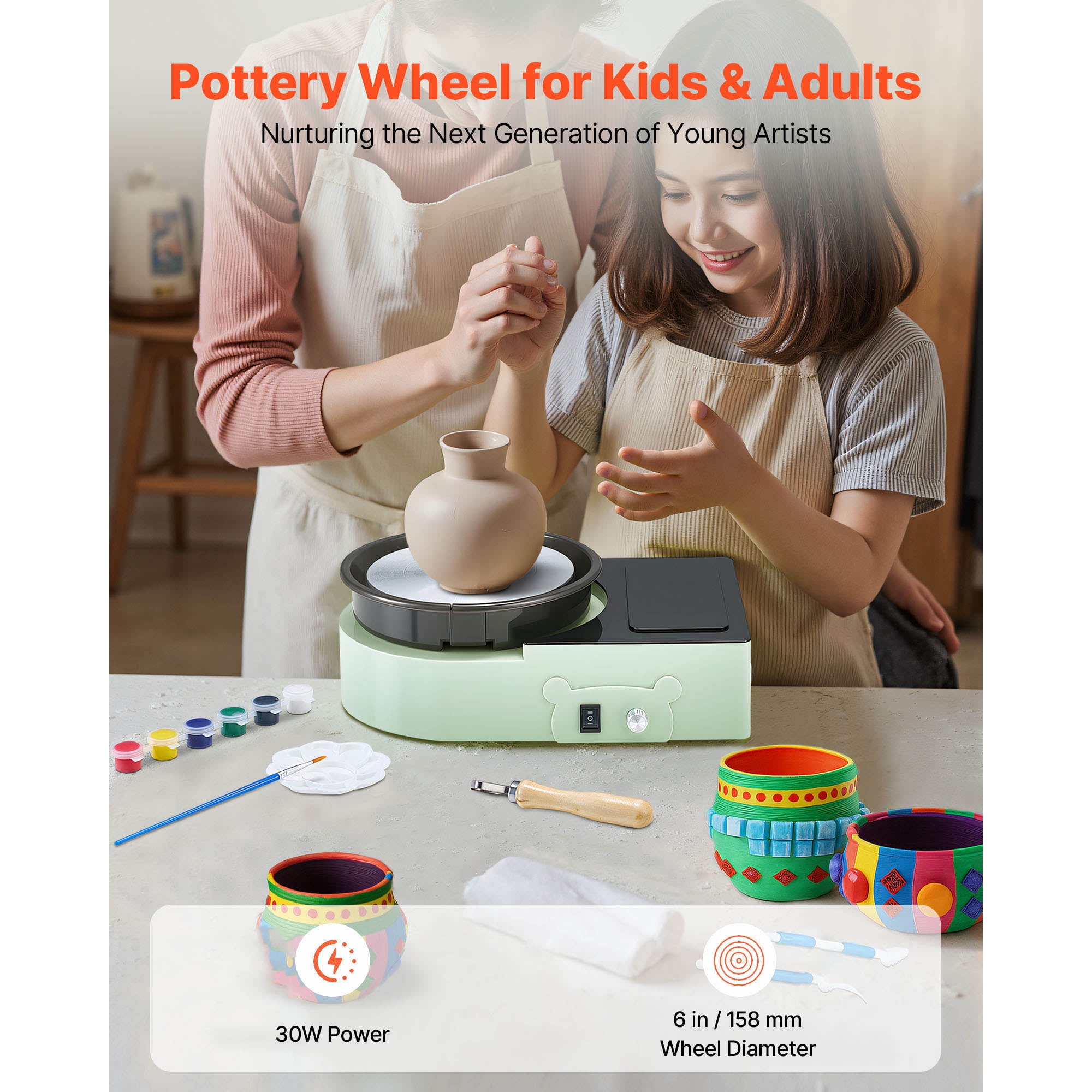 KFFKFF Mini Pottery Wheel with 6-Inch Turntable, Adjustable Speed, Forward and Reverse Rotation, Electric Clay Wheel for Kids and Adults, Includes Clay Shaping Tools, Ideal for Home Projects and Pott