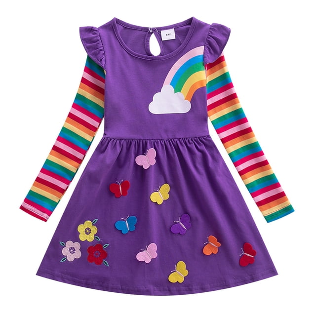 Robe d'Hiver pour Enfants Arc-en-Ciel Manches Longues Robe Fille, Violet 90cm