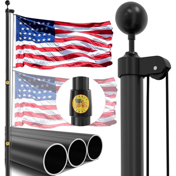 25FT Heavy Duty Flag Pole,14-Gauge Aluminum,Resist Strong Wind Reinforcement Ring Patent,Sectional Black Residential Flagpole Complete Kit - USA Flag,Black Ball, Aluminum Clips