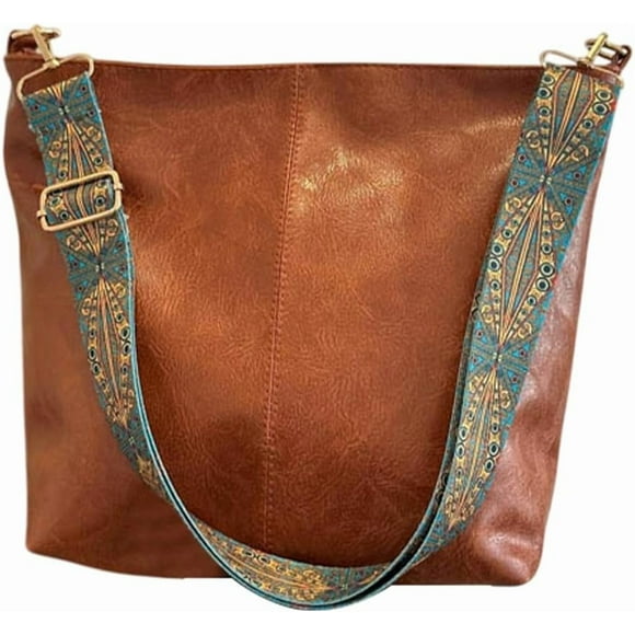 Hobo Crossbody Bag for Women Vegan PU Leather Shoulder Purses Brown Stylish Wide Guitar Strap Tote Bucket Bag with Zipper for Working Shopping Traveling Daily Use Gifts