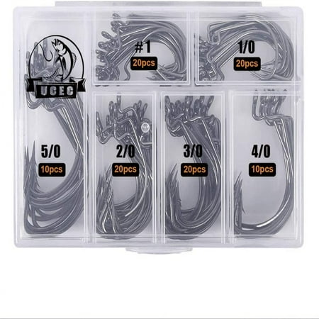 CUITING Fishing Hooks 100pcs/box Offset Wide Gap 2X Strong Worm Hooks Senko Bait Jig Fish Hooks for Bass Trout Saltwater Freshwater Size #1 1/0 2/0 3/0 4/0 5/0