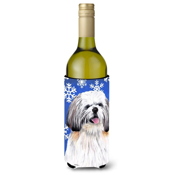 Carolines Treasures SC9383LITERK Shih Tzu Winter Snowflakes Holiday Wine Bottle Hugger Wine Bottle multicolor