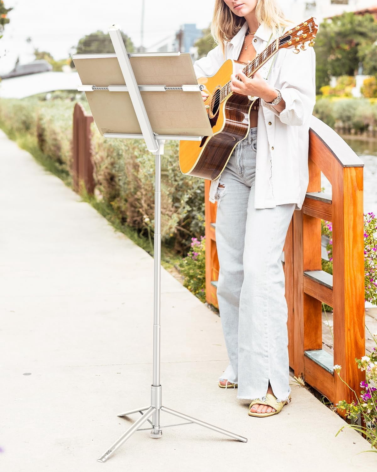 KraftGeek 66" Capsule Music Stand, Portable and Folding Music Stand with Adjustable Music Tray,White