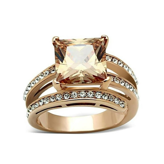 Women's Stainless Steel Rose Gold Princess Cut Champagne Zirconia Cocktail Ring Size 7