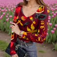 thumbnail image 2 of Womens Mardi Gras Shirts Sparkly Sequins V Neck Blouse Feathers Print Long Sleeve Gold Tunic Tops Red L, 2 of 7
