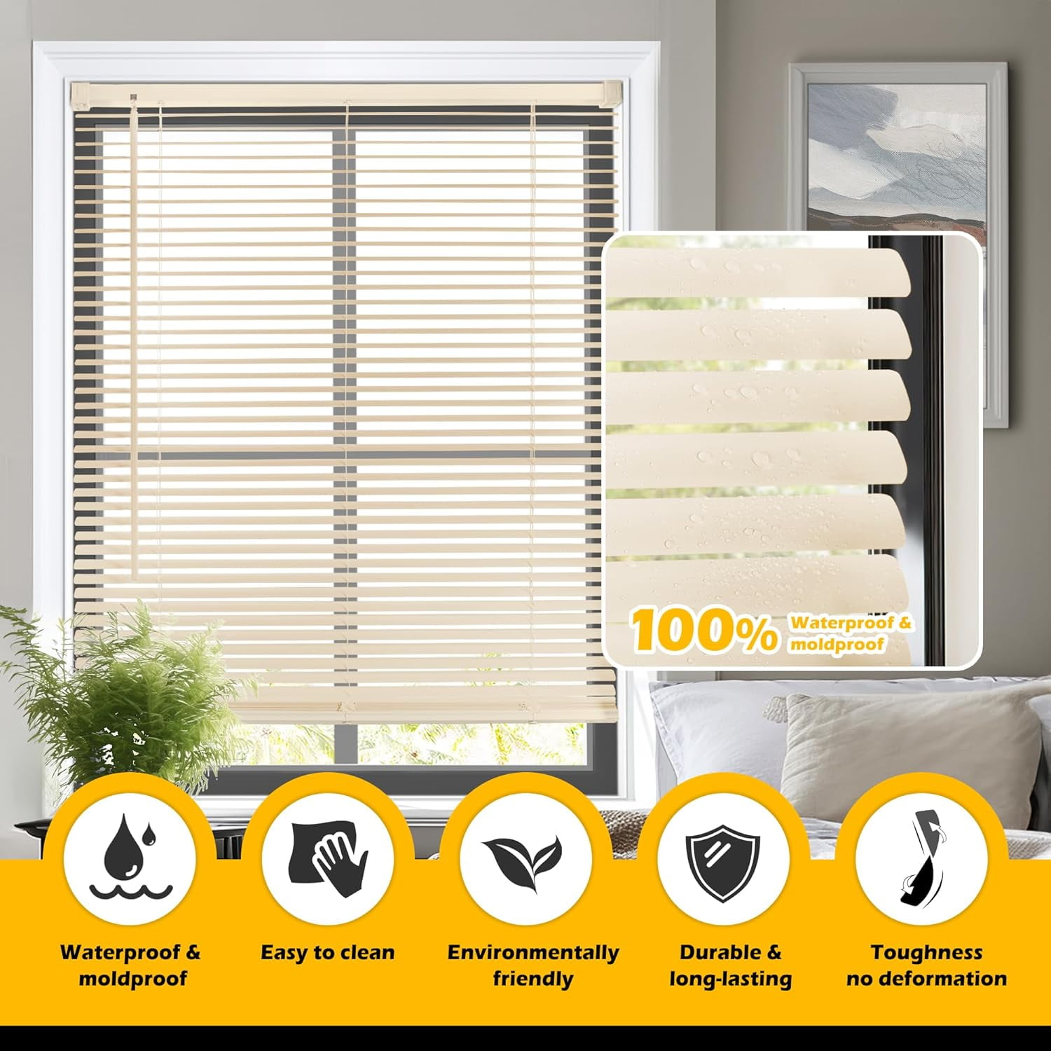 LazBlinds Cordless 1" Vinyl Horizontal Mini Blinds, Light Filtering Blinds for Windows, Blinds and Shades for Windows Size 35" W x 48" H, Beige