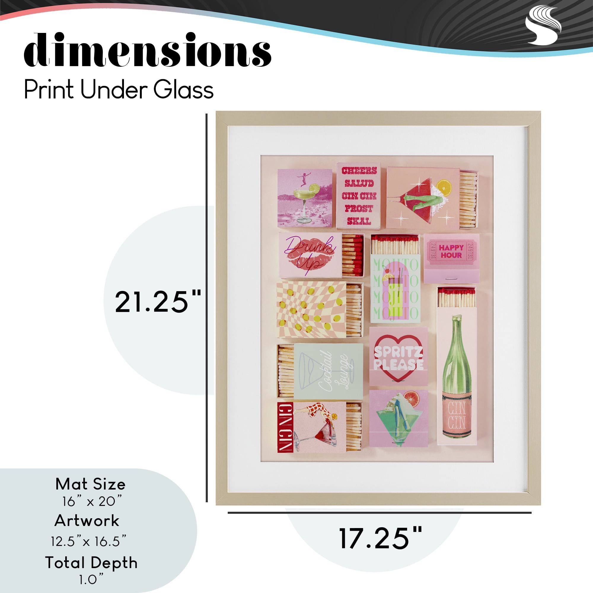 Glam Cocktails Retro Matches Birch Framed Print Under Glass, design by Lil' Rue