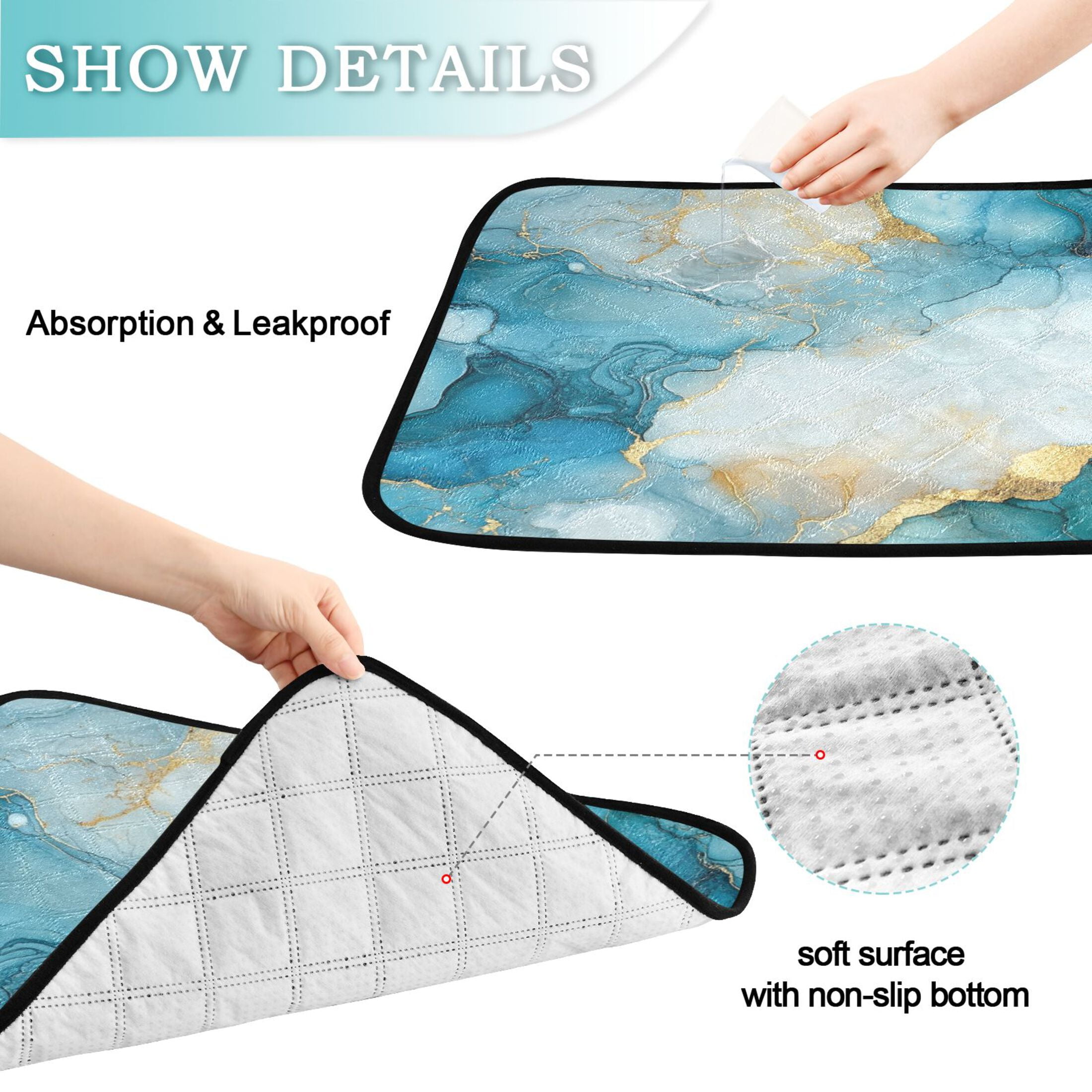 Qxltty Cyan Gilt Marbles Cat litter Pads Pet Set of 2 Diaper Mats Center Anti-leakage Layer Absorbent Soft and Comfortable