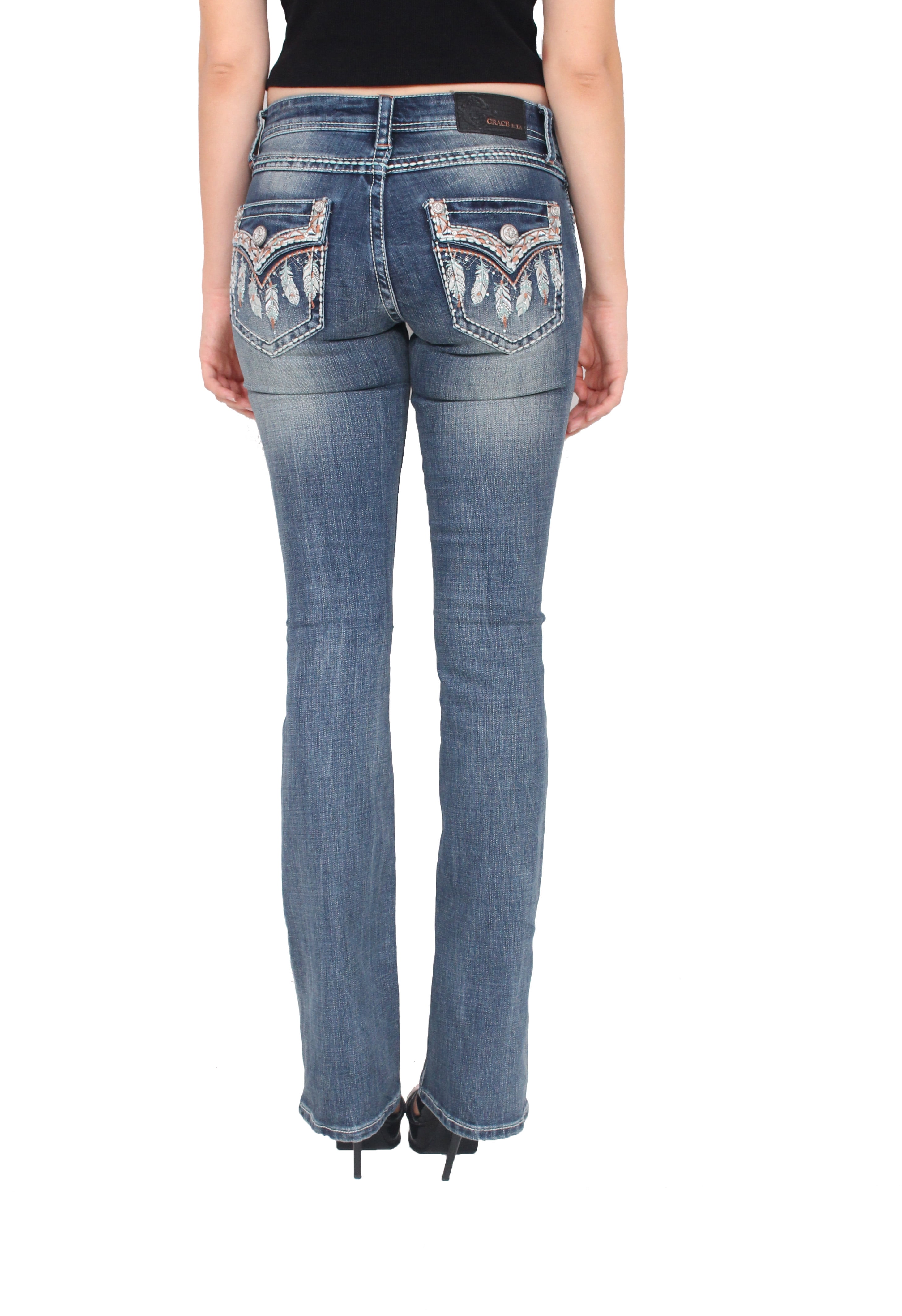 Grace in LA Women Faded Bootcut Jeans with Embellished Feather Design