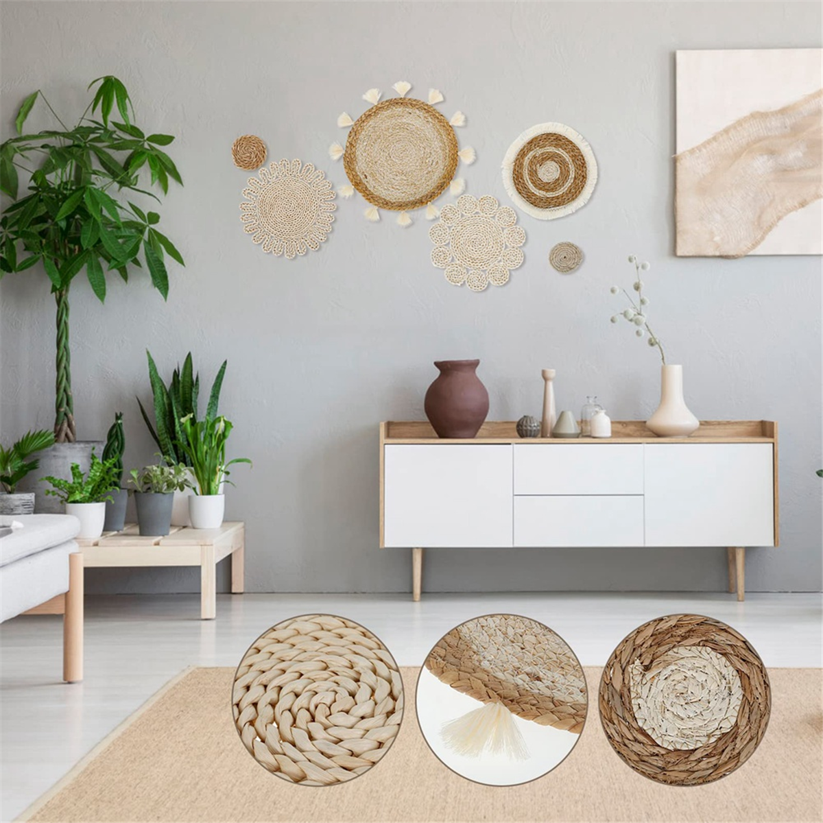 Paniers Muraux Bohème En Rotin - Lot De 6, Tailles Différentes (11 à 38 Cm) - Décoration Murale Avec Pompons