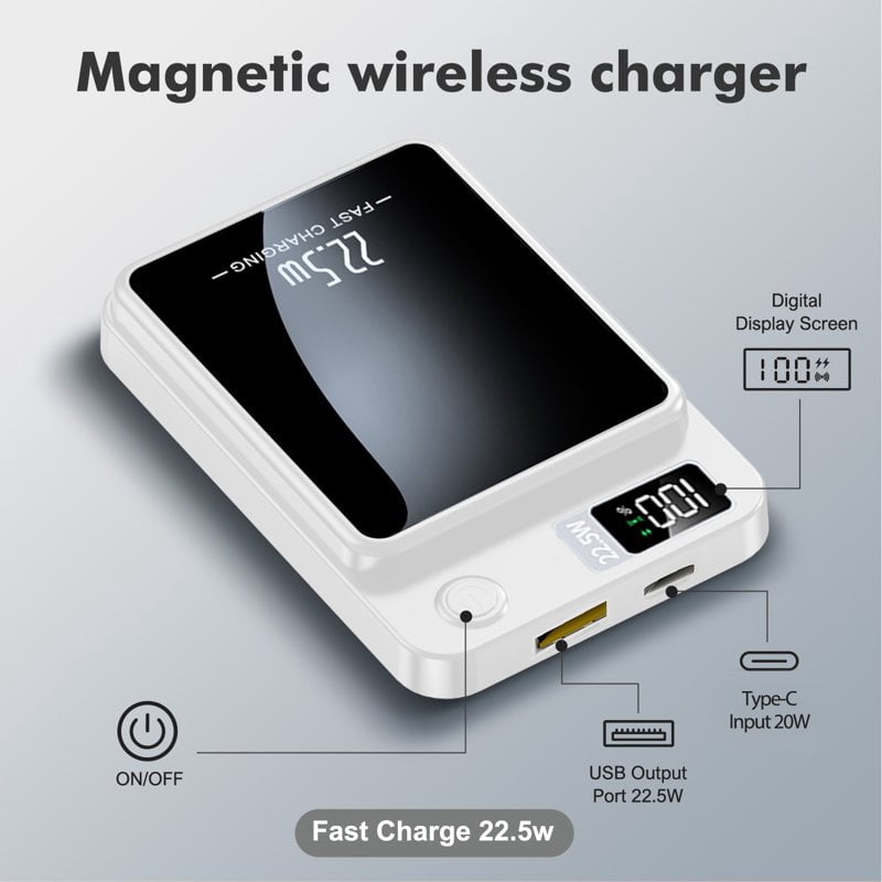 Magnetic Wireless Portable Charger, 5000mAh Power Bank with PD20w Fast Charging, USB C in&Out Battery Pack, Compatible with Mag-Safe for iPhone 17/16/15/14/13 Series, Samsung, Android, and More
