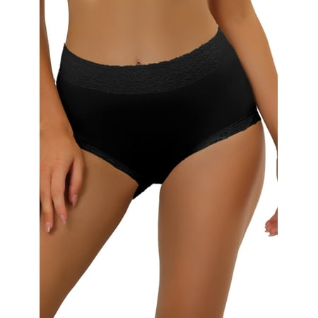 Unique Bargains Women s Cotton High-Lace Trim Tummy Full Coverage Brief Breathable Panties L Black