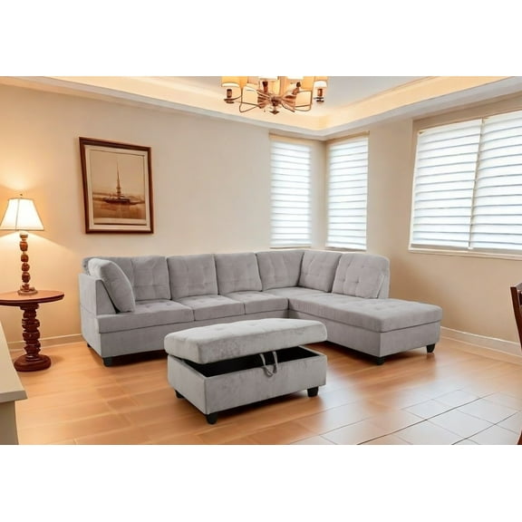 Grey White Corduroy 3-Piece Couch Living Room Sofa Set (left)