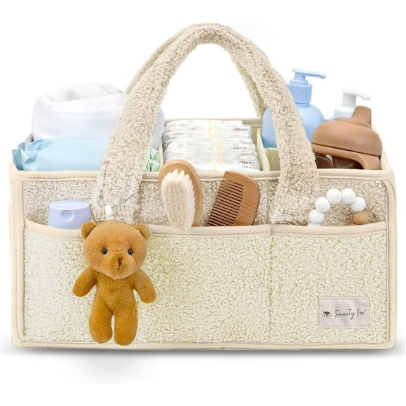 Sweety Fox Baby Diaper Caddy Organizer with Handle - Portable Soft Sherpa Nursery Basket Bag for Baby Care - Great for Car and Home - Ivory