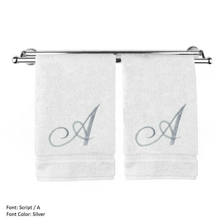 Monogrammed Hand Towel, Personalized Gift, 16 x 30 Inches - Set of 2 - Silver Embroidered Towel - Extra Absorbent 100% Turkish Cotton- Soft Terry Finish - For Bathroom, Kitchen and Spa- Script A