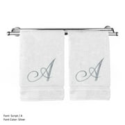 Monogrammed Hand Towel, Personalized Gift, 16 x 30 Inches - Set of 2 - Silver Embroidered Towel - Extra Absorbent 100% Turkish Cotton- Soft Terry Finish - For Bathroom, Kitchen and Spa- Script A White