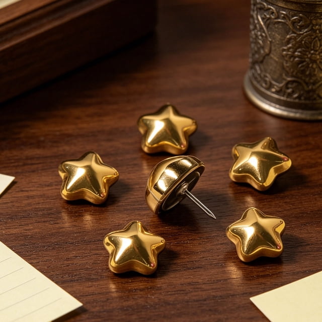 Chinchetas Gold Star para tablero de corcho – Chinchetas de metal galvanizado, diseño decorativo de cinco puntas, paquete de 20 para fotos, notas, decoración de oficina y hogar.