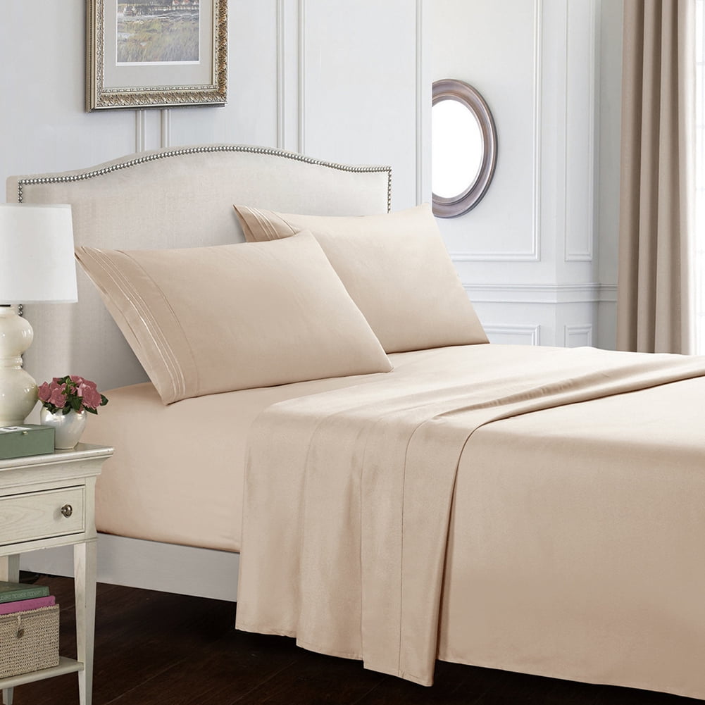 YYAO King Size Solid Color Bed Sheet Set for Bedroom, 4 Piece, Beige