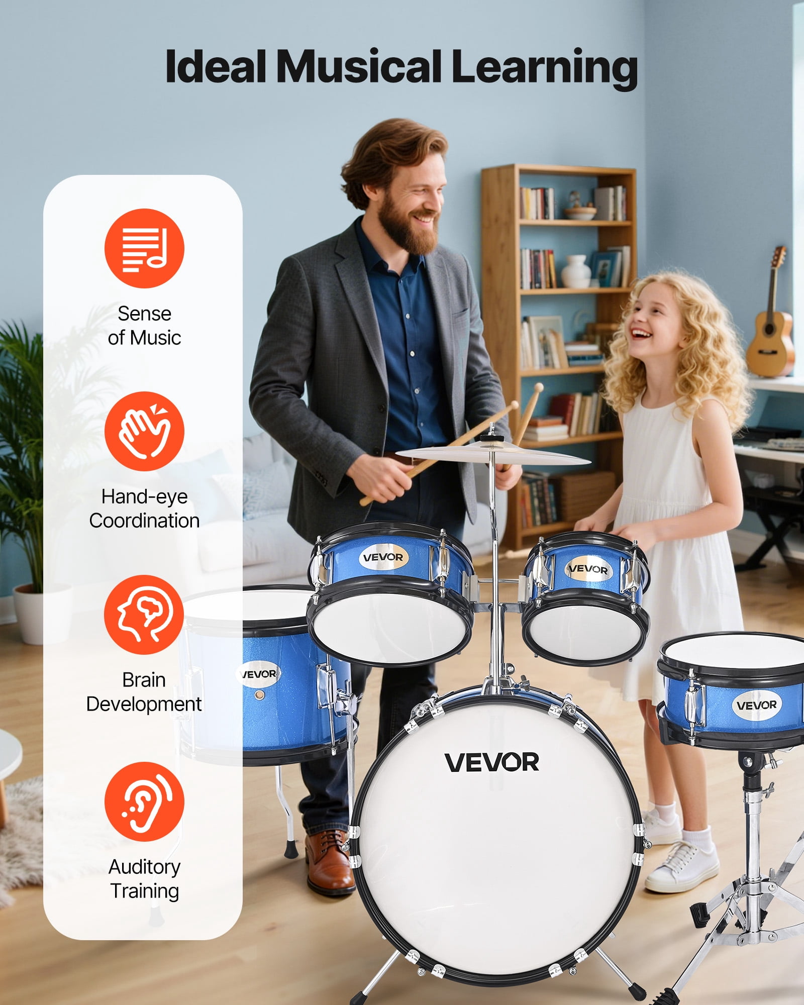 VEVOR Kids Drum Set, 5-Piece 14 in Junior Drum Sets, Beginner Drums Set with Adjustable Throne,Cymbal & Two Pairs of Drumsticks, Musical Learning Drums Instruments Kit,for Children Ages 6-13 (Blue)