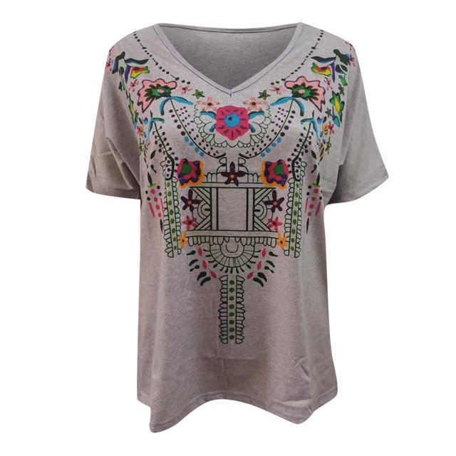 Pompotops T-Shirt Blouse à Manches Courtes Col en V Imprimé Folklorique Décontracté pour Femmes