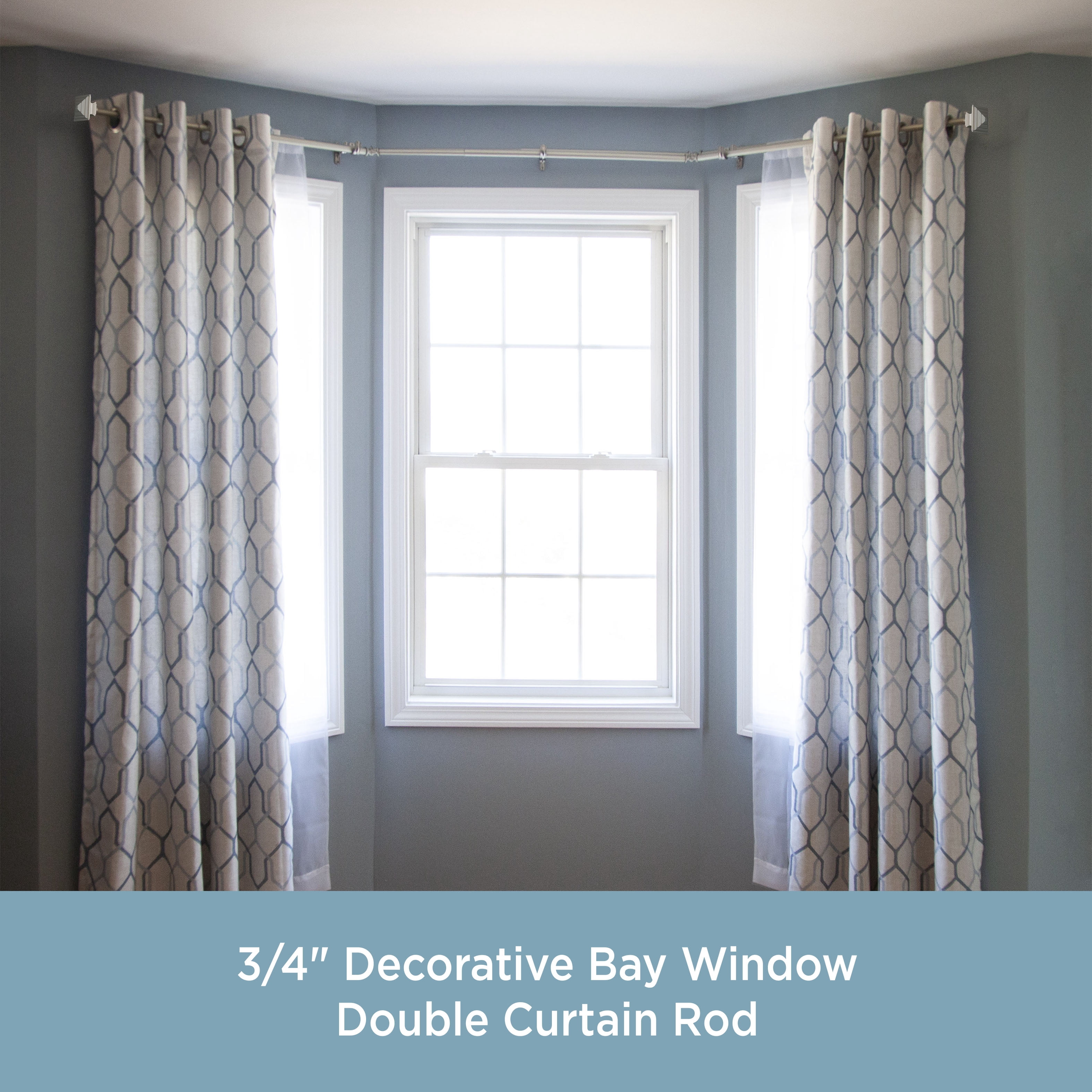 Kenney Mission Decorative Steel Bay Window Double Curtain Rod, 78-144" Adjustable Length, 3/4" Dia., Brushed Nickel