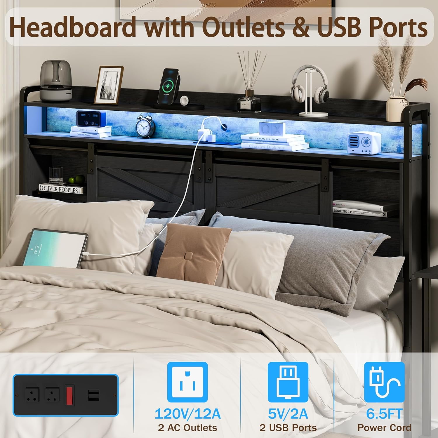 Akaber Queen Size Headboard, 3 Tier Storage Headboard with Sliding Barn Doors, Outlets, USB Ports, LED Light, Width Adjustable for Queen Size Beds, Rustic Black