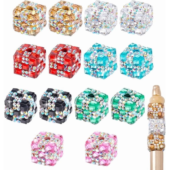 14pcs 7 Colors Square Glass Beads 14.5mm Magic Cube Beads Glitter Rhinestone Craft Beads for Beaded Pens Spacer Beads for Jewelry Making Valentines Gift