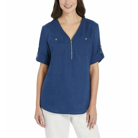 ELLEN TRACY Ladies' Roll Tab Linen Tunic (Assorted Colors) (Small, Indigo)