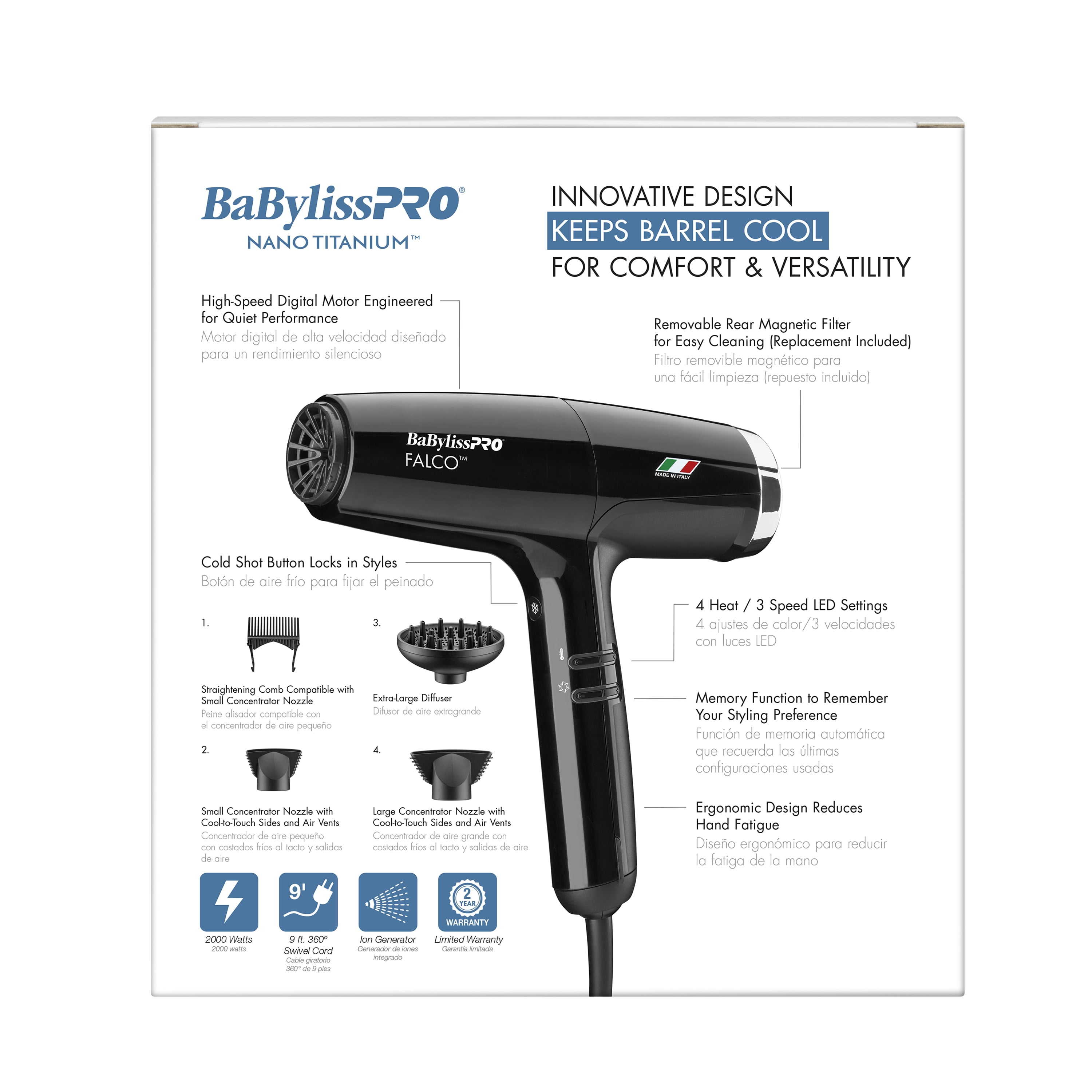 BabylissPRO Nano Titanium Professional Italian High-Speed Falco Dryer (Black)