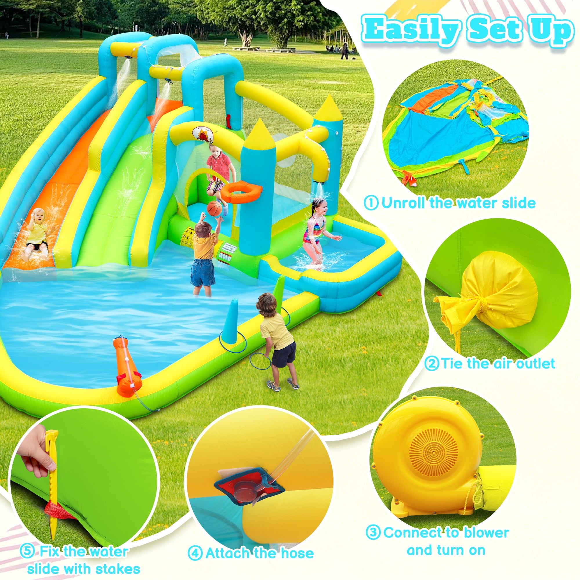 WELLFUNTIME Inflatable Water Slide for 5 Kids, Bounce House with Blower, Splashing Pool, Water Cannon, Water Park for Backyard Summer Fun